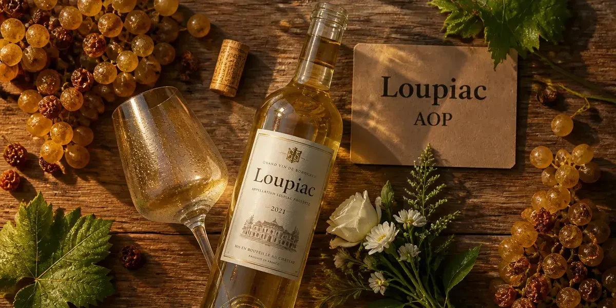 Loupiac vin blanc, bouteille et raisins dorés, style liquoreux
