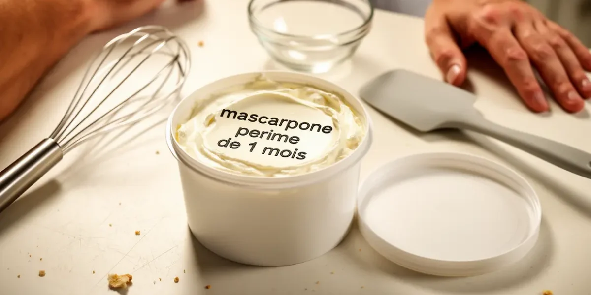 pot de mascarpone périmé de 1 mois sur table cuisine