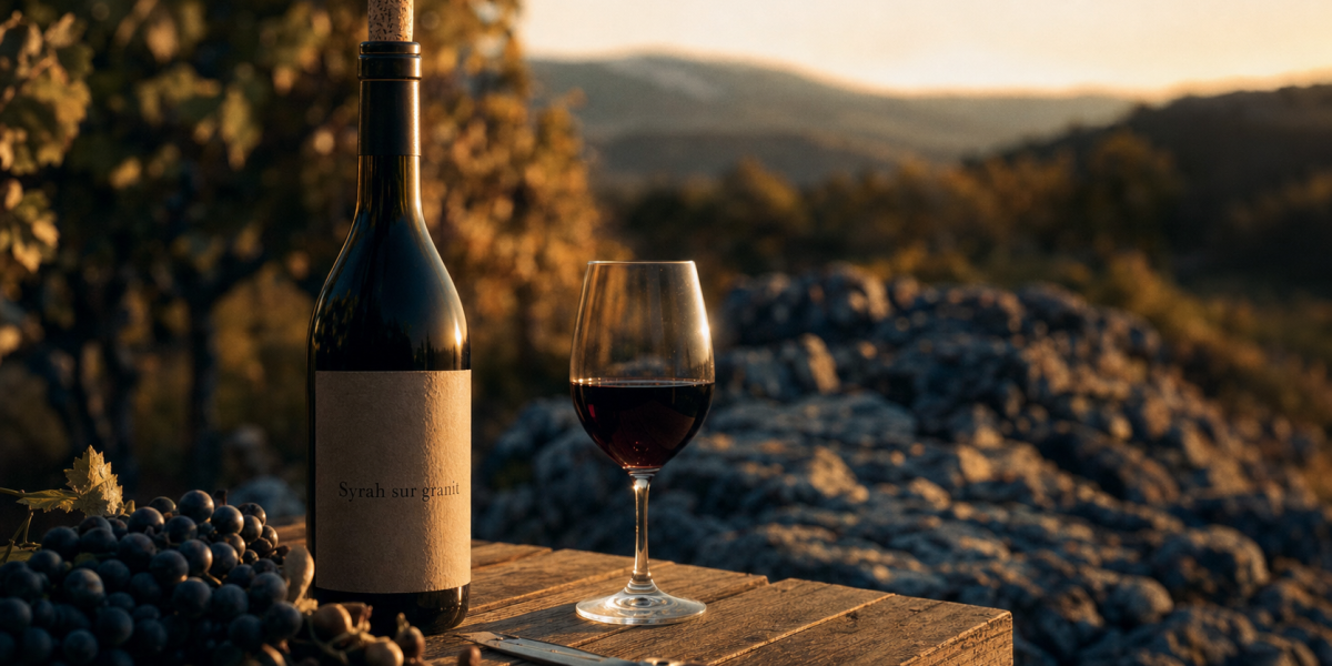 Meilleur vin rouge ardèche : bouteille Syrah sur granit