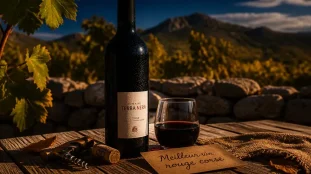 Meilleur vin rouge corse : bouteille rouge corse et verre grenat