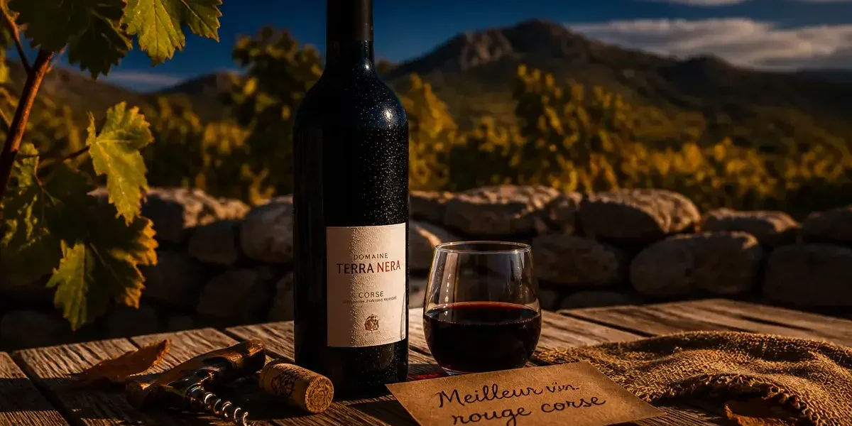 Meilleur vin rouge corse : bouteille rouge corse et verre grenat