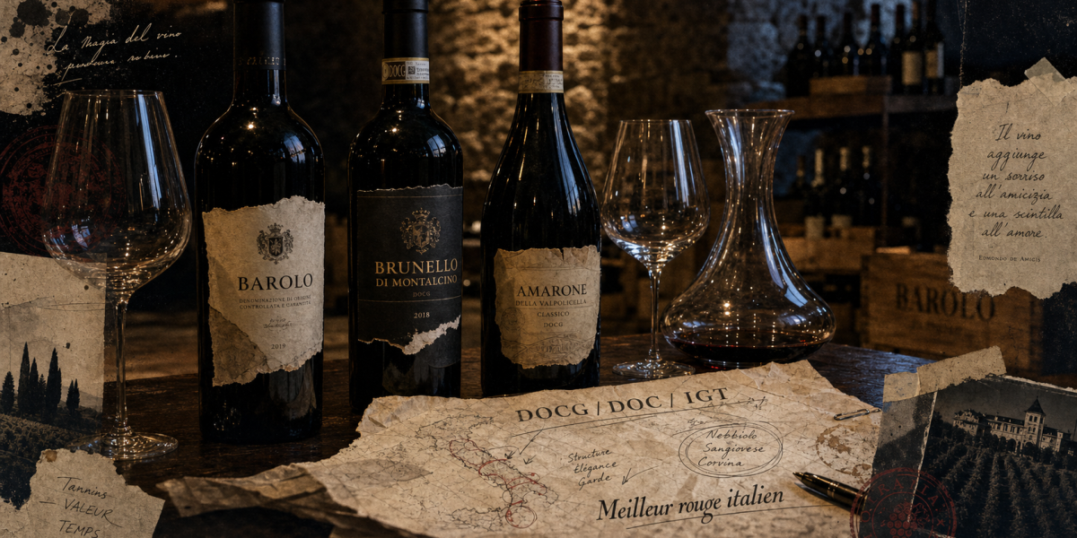 Meilleur vin rouge italien : Barolo, Brunello, Amarone sur table en bois