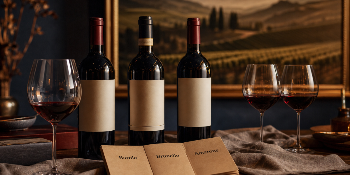 Meilleur vin rouge italien : Barolo Brunello Amarone, bouteilles et verres