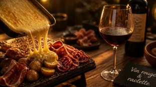 Meilleur vin rouge pour raclette avec fromage fondu et verre rouge (3 cépages)