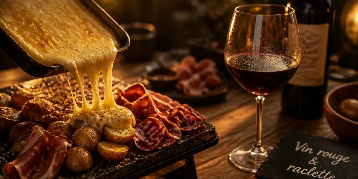 Meilleur vin rouge pour raclette avec fromage fondu et verre rouge (3 cépages)
