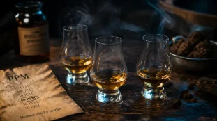 Meilleur whisky tourbé, verres et PPM sur fond bois sombre