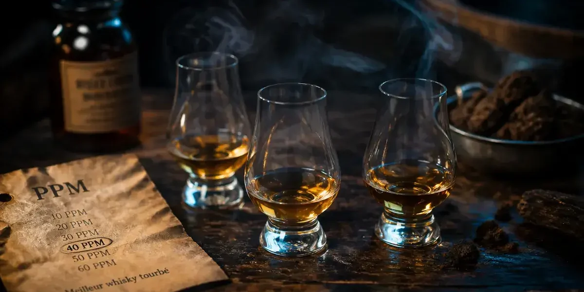 Meilleur whisky tourbé, verres et PPM sur fond bois sombre