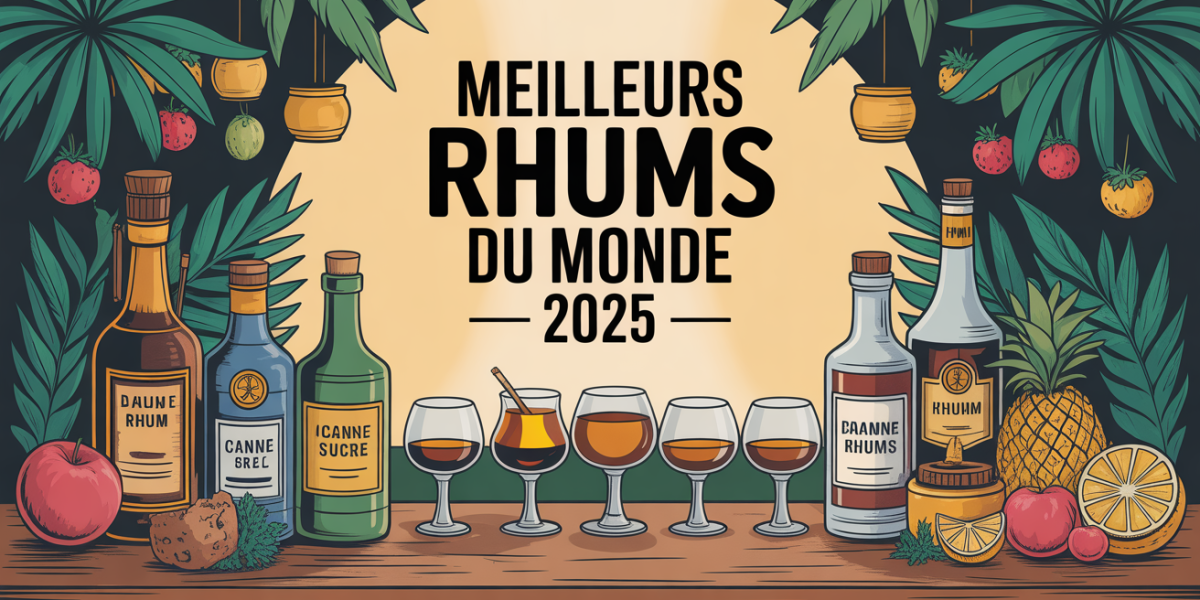 table avec verres de rhum et bouteilles, meilleurs rhums du monde 2025