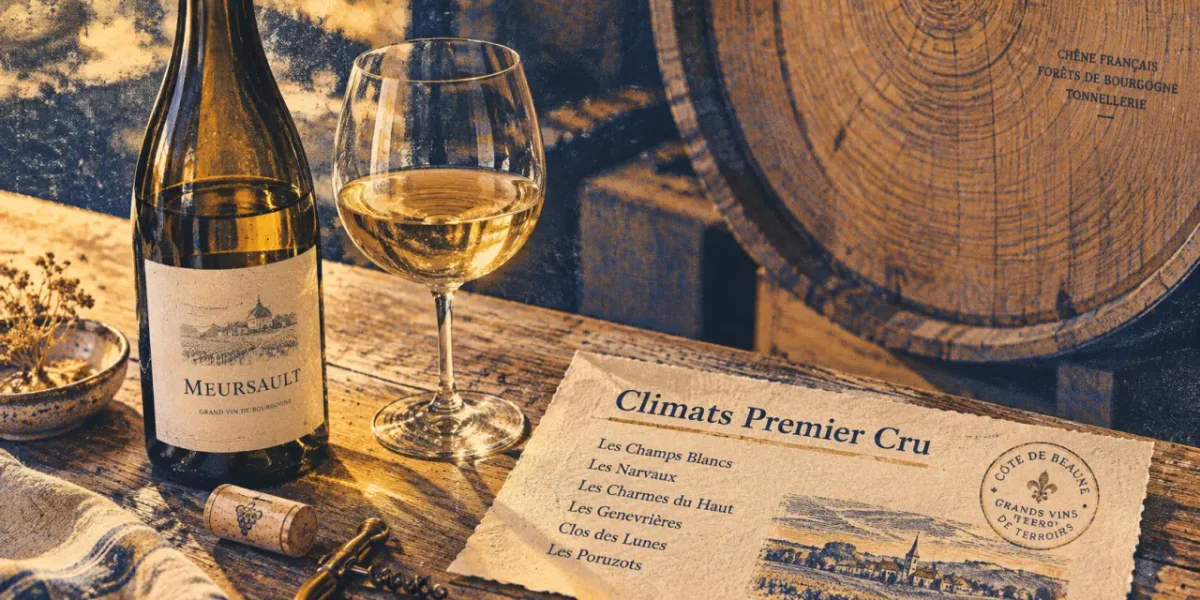Meursault vin Premier Cru, table riso, carte Climats