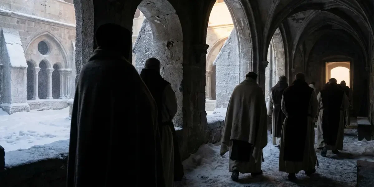 moines dans cloître en hiver avec robes laine