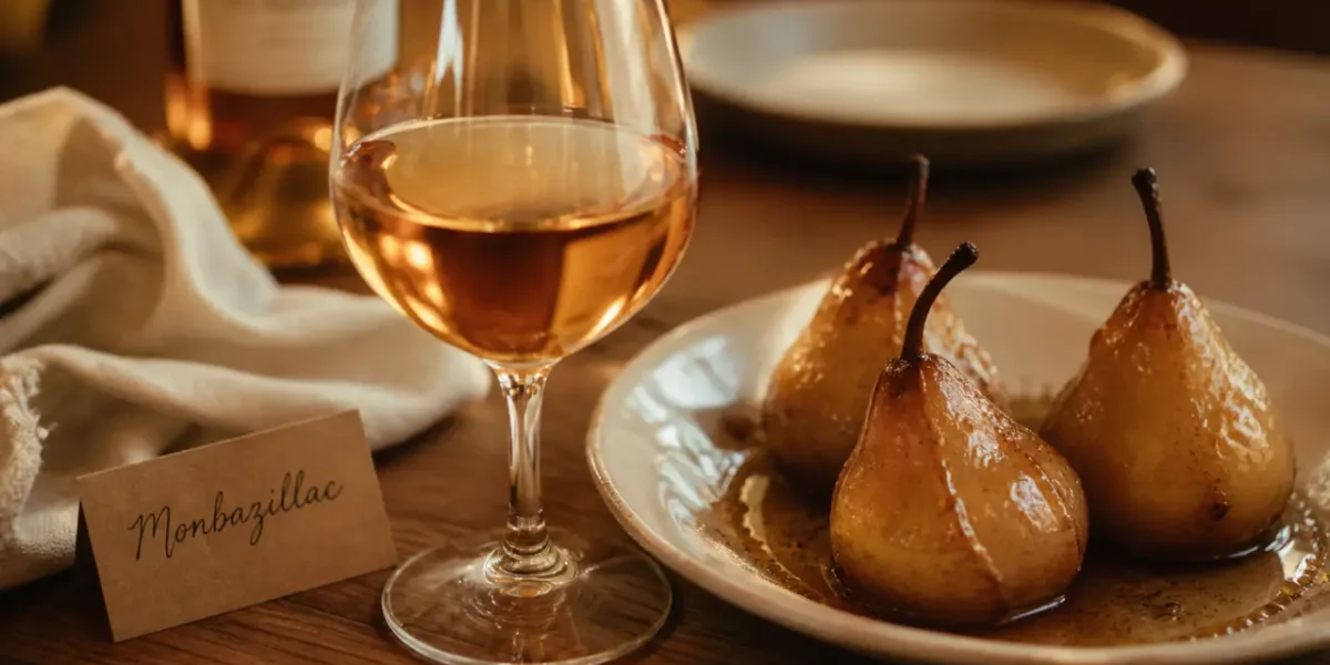 Monbazillac vin blanc liquoreux ambré en verre tulipe