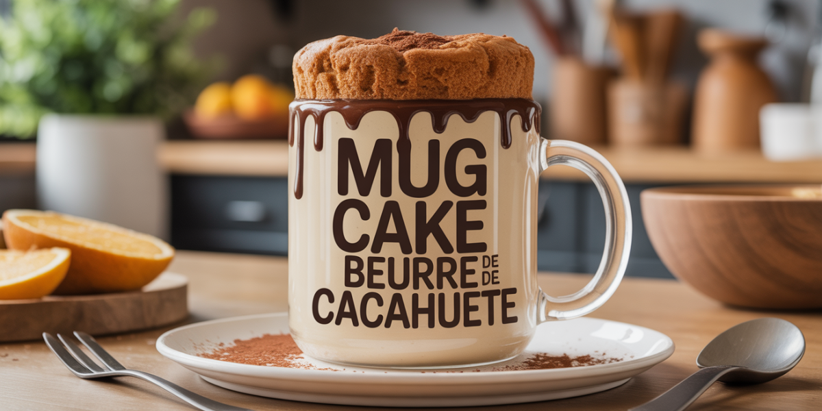 Mug cake beurre de cacahuete convivial sur table en bois