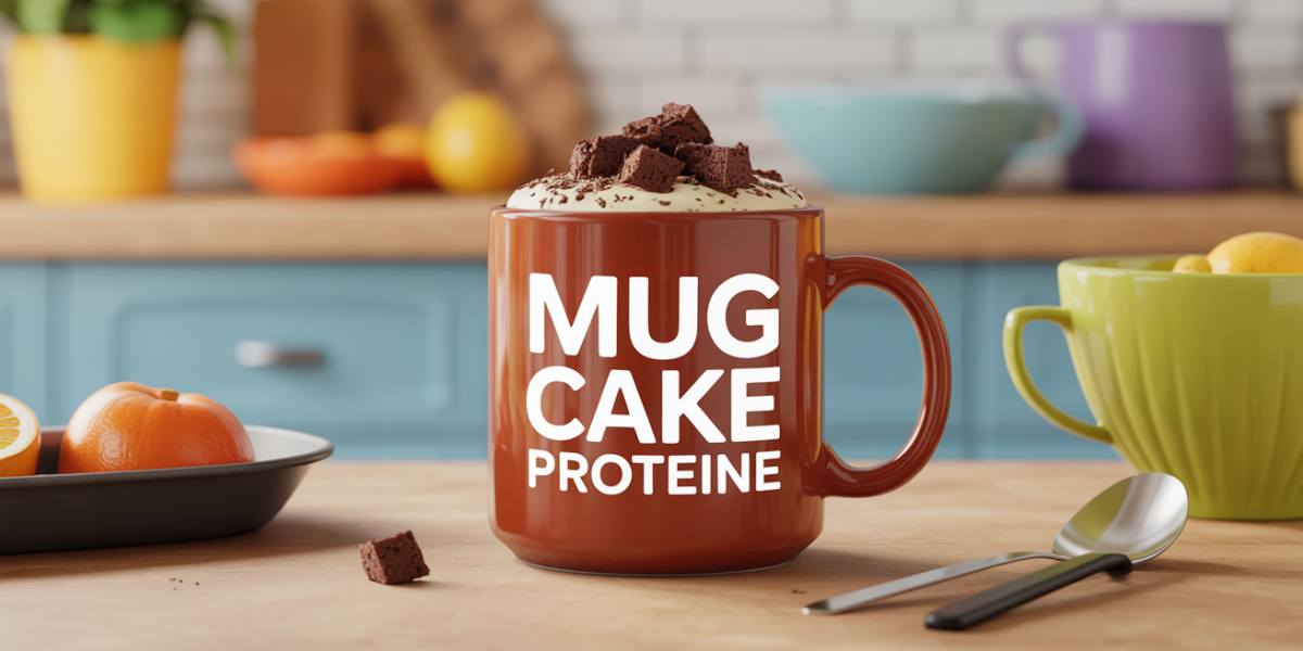 Illustration mug cake protéiné dans une cuisine familiale conviviale