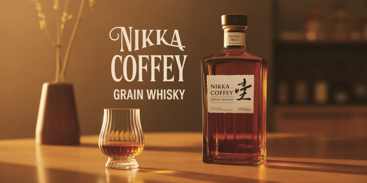 Nikka Coffey Grain Whisky bouteille sur table avec verre tulipe