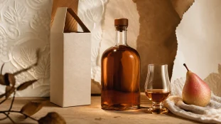 Noce royale : liqueur cognac poire Williams légère, bouteille et verre