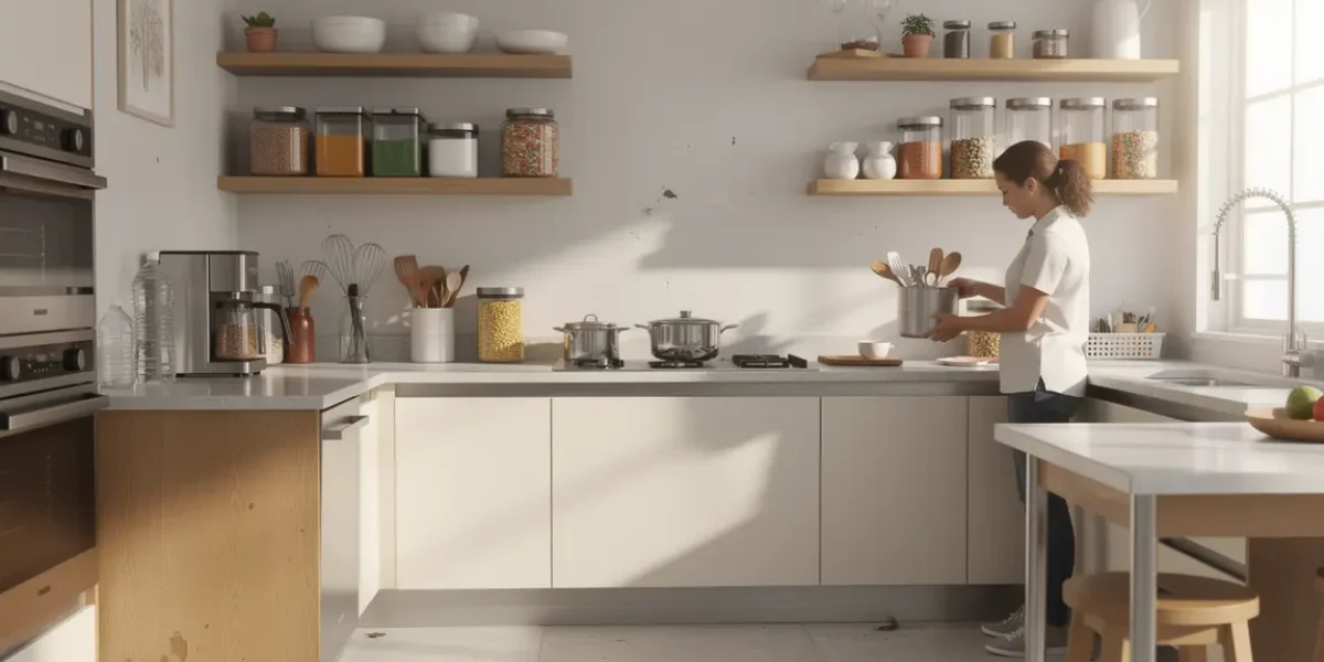 Vue d'ensemble d'une cuisine moderne, rangements pratiques et plans de travail optimisés