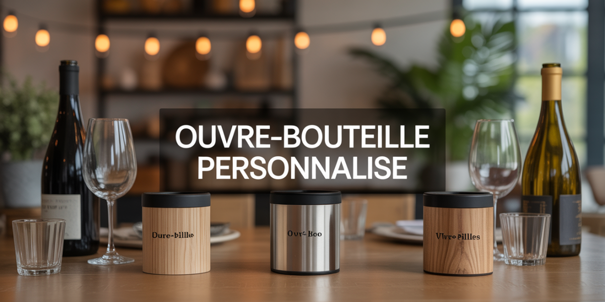 ouvre bouteille personnalise sur table conviviale avec verres et bouteilles de vin