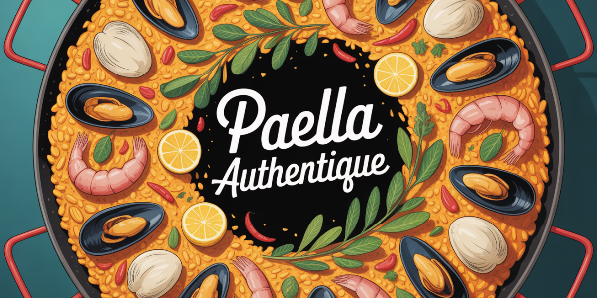 paella authentique vue dessus avec safran gambas moules poivrons citrons
