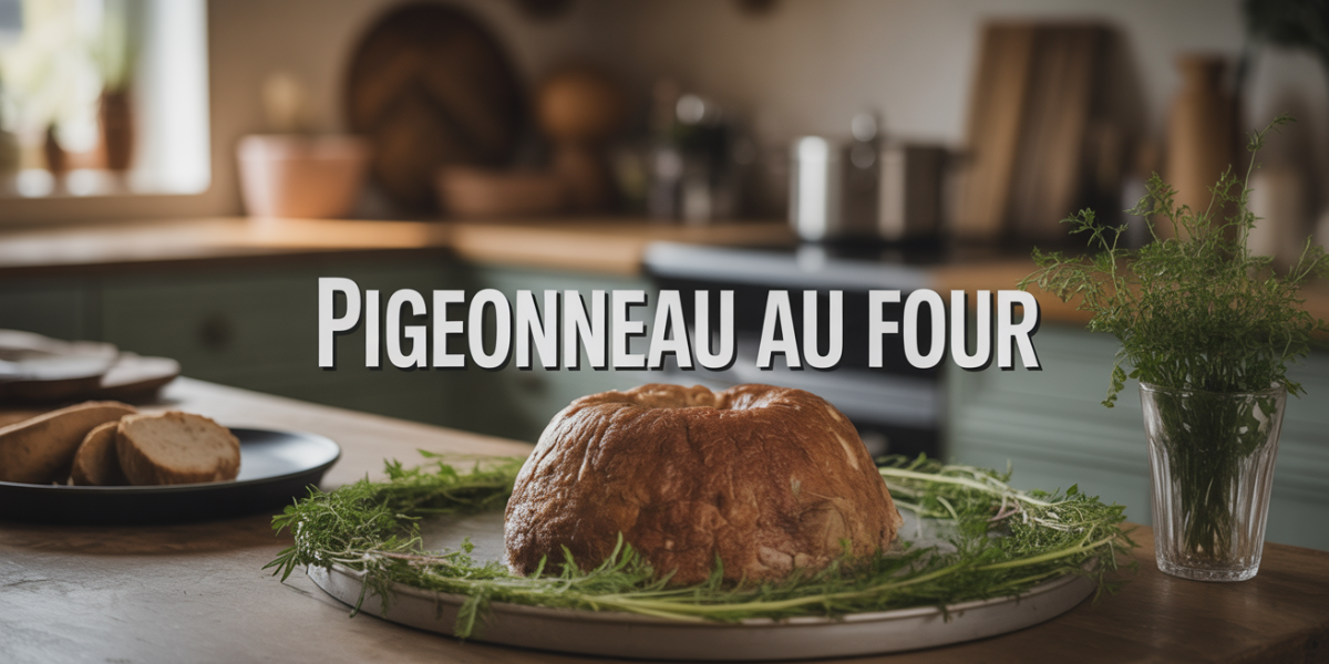 pigeonneau au four entier doré sur plat fonte avec légumes et herbes