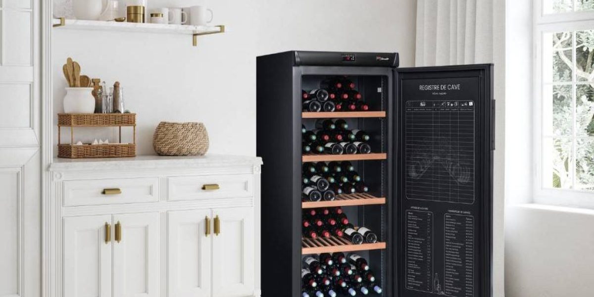 cave à vin : cave à vin électrique bien intégrée dans un coin d'une maison moderne
