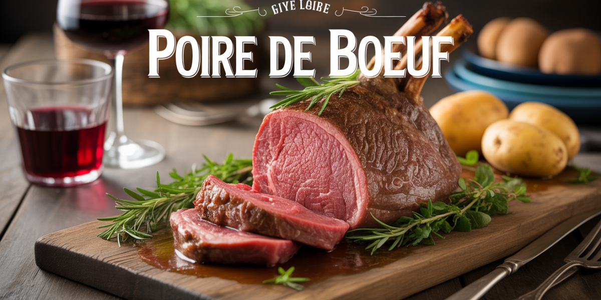 Poire de boeuf saisie entiere coupe sur planche avec verres de vin rouge