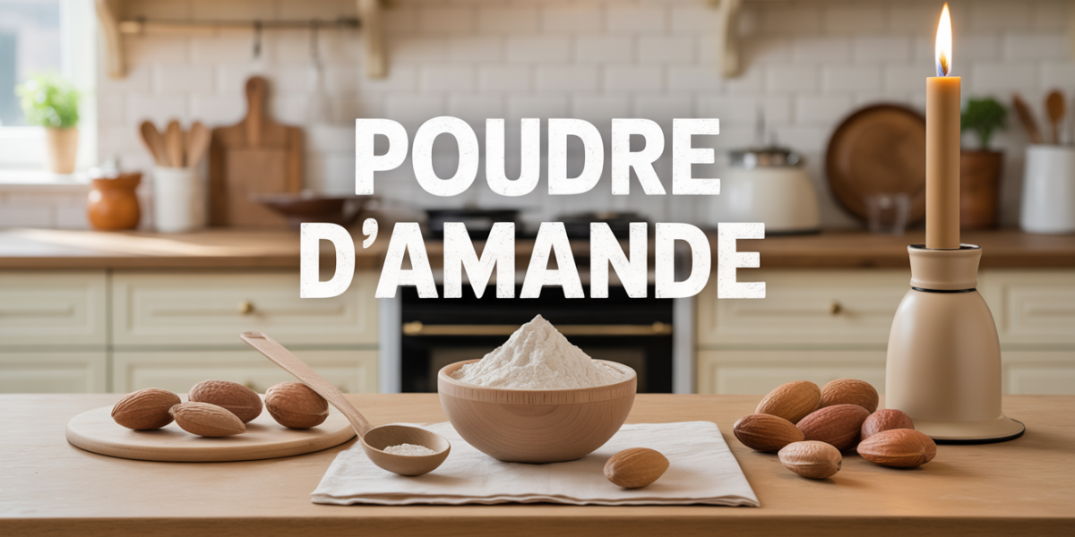 bol de poudre d'amande avec amandes et ustensiles