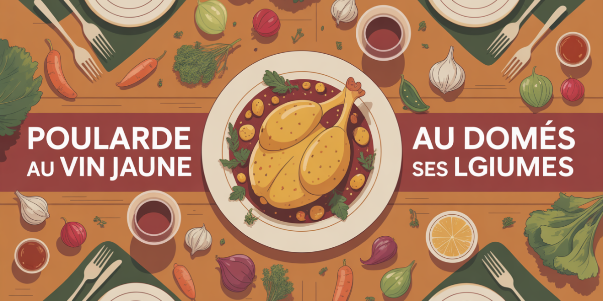 Grande table festive avec poularde au vin jaune et légumes variés
