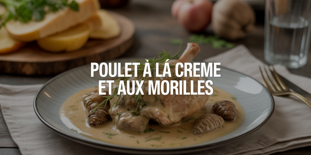 Poulet à la crème et morilles, sauce onctueuse, crêpes et herbes fraîches