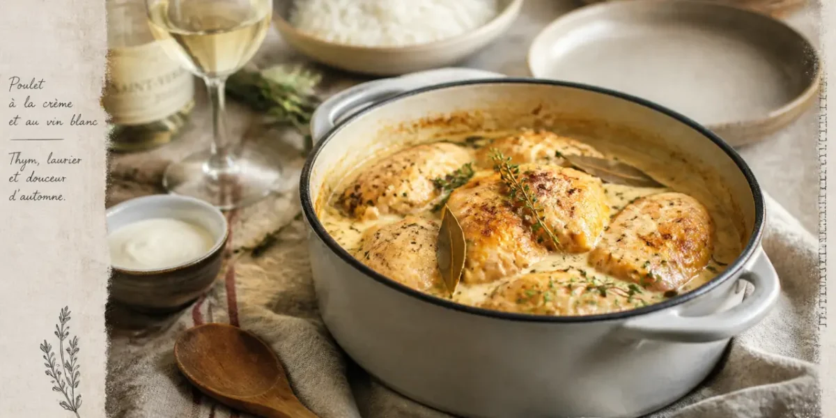 Poulet au vin blanc crémeux, morceaux de poulet en cocotte avec sauce.