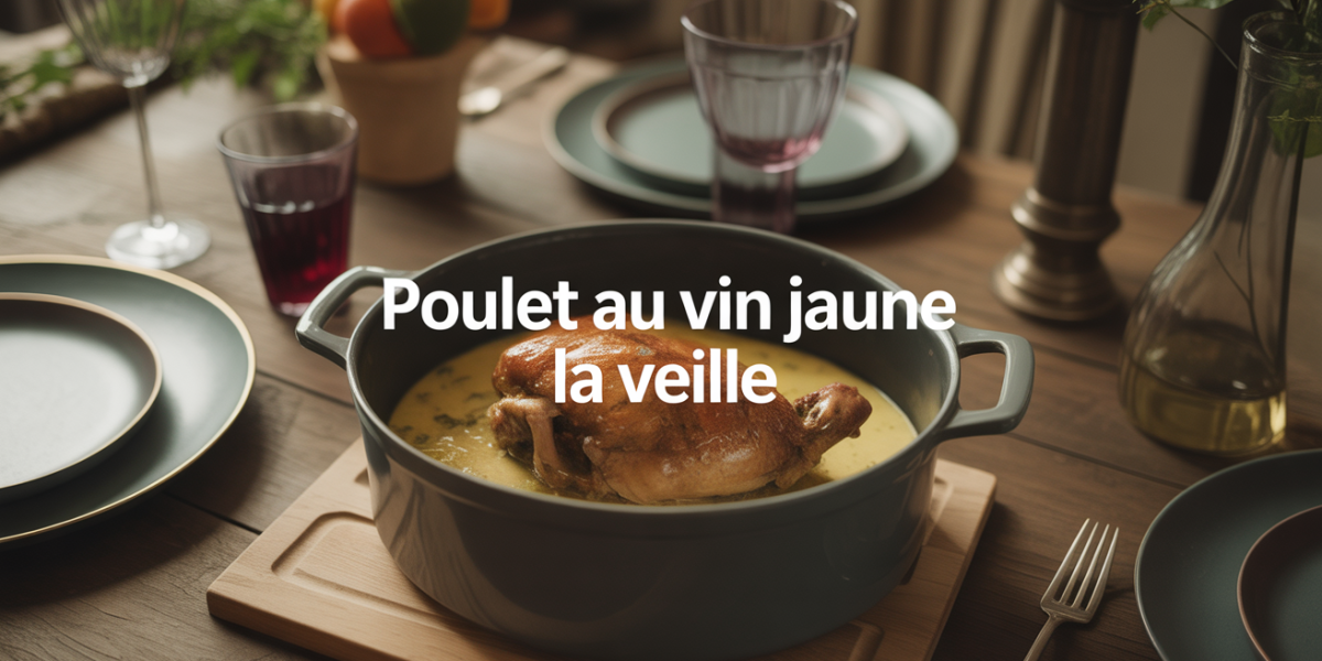 Grande table avec poulet au vin jaune la veille, morilles et sauce crémeuse