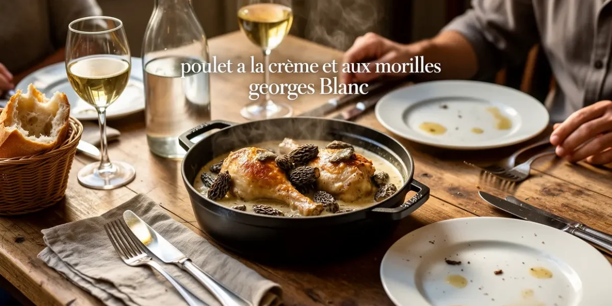Poulet a la creme et morilles georges blanc sur table bistrot