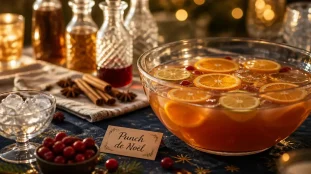 Punch de noël maison fruité aux épices, orange et glaçons