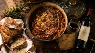 Que boire avec un cassoulet : vin rouge du Sud-Ouest et cocotte fumante