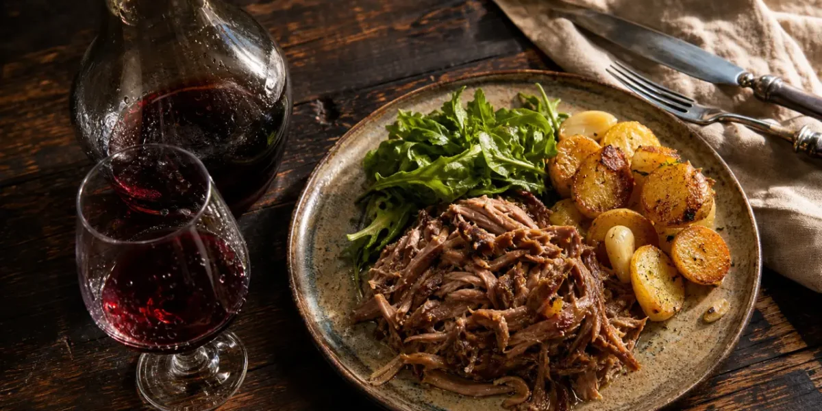 Quel vin avec un confit de canard : confit et vin rouge rubis sur table en bois