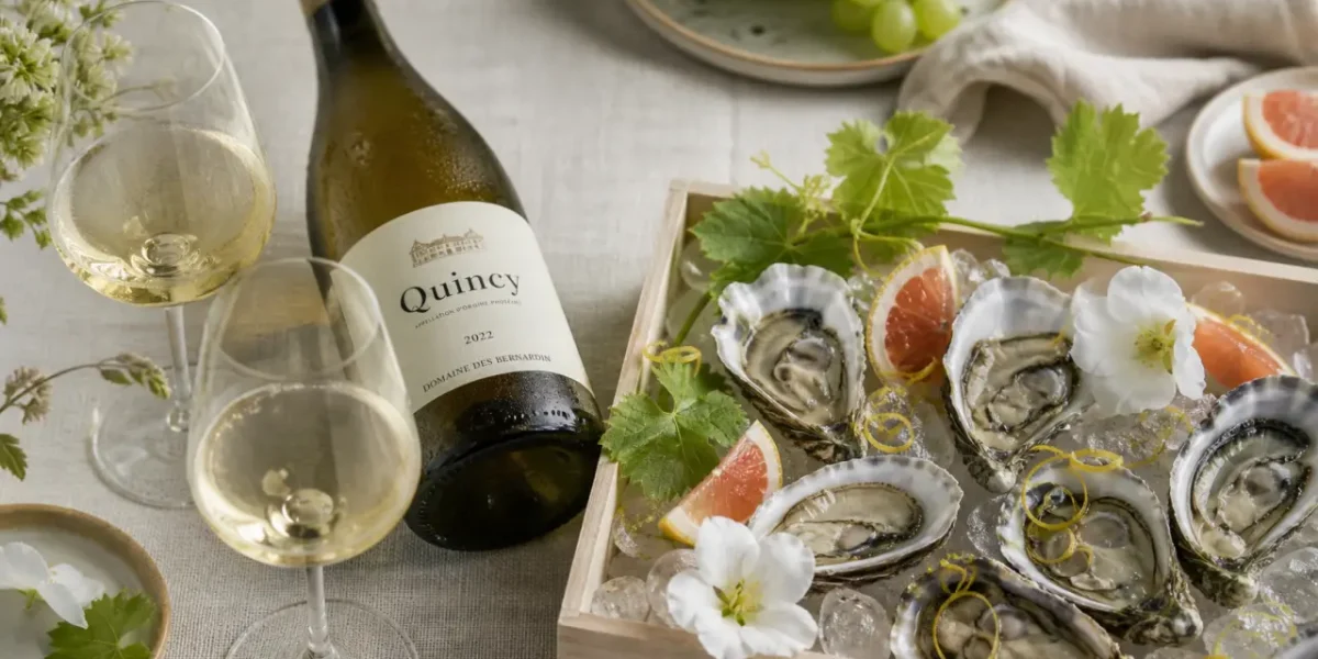 Quincy vin blanc sur nappe en lin avec verres et huîtres