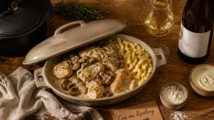 Recette coq riesling alsacienne : coq en sauce au riesling, champignons et spaetzle