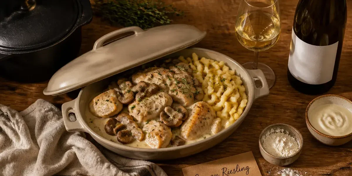 Recette coq riesling alsacienne : coq en sauce au riesling, champignons et spaetzle