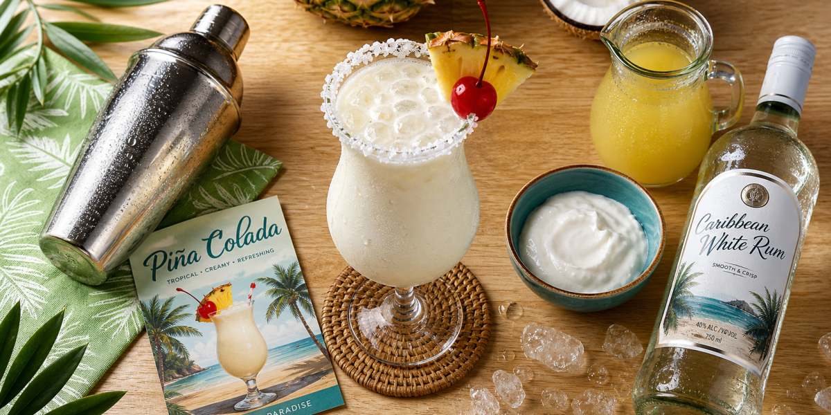 Recette pour pina colada : verre piña colada, ananas et glace pilée