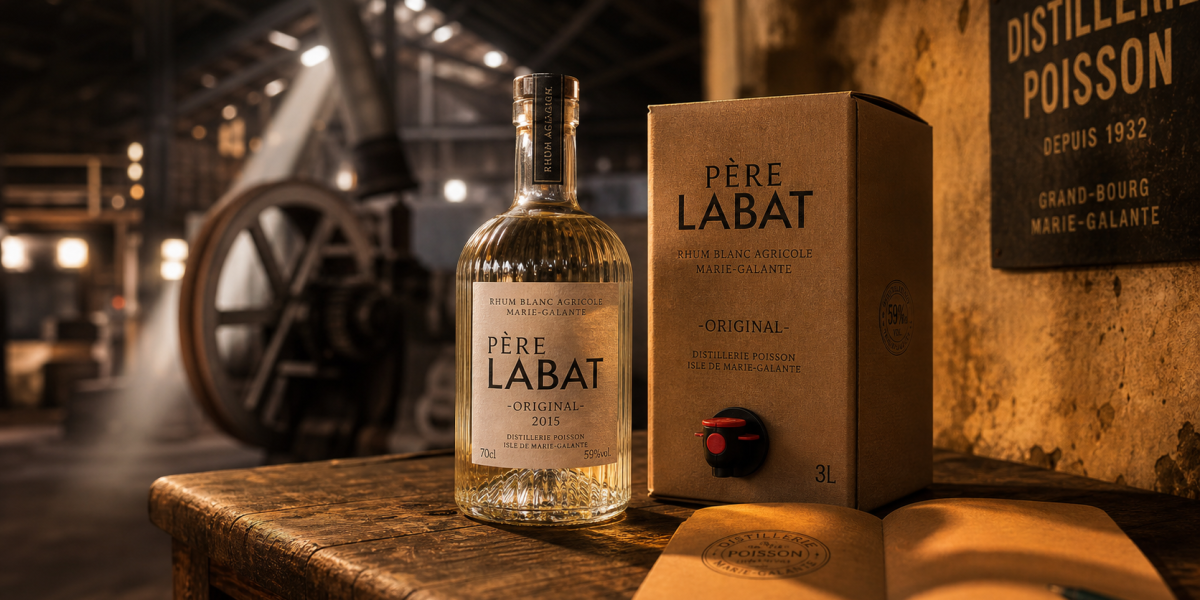 Bouteille rhum labat Père Labat sur table près de la distillerie Poisson à Marie-Galante