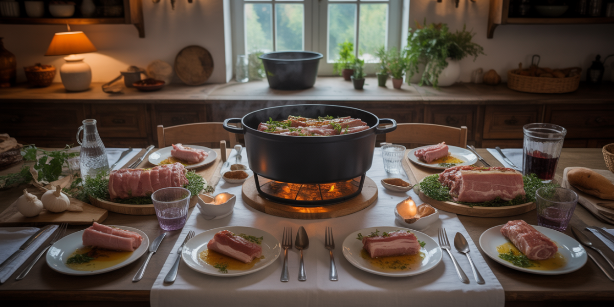 table familiale avec rouelle de porc confite cocotte et aromates