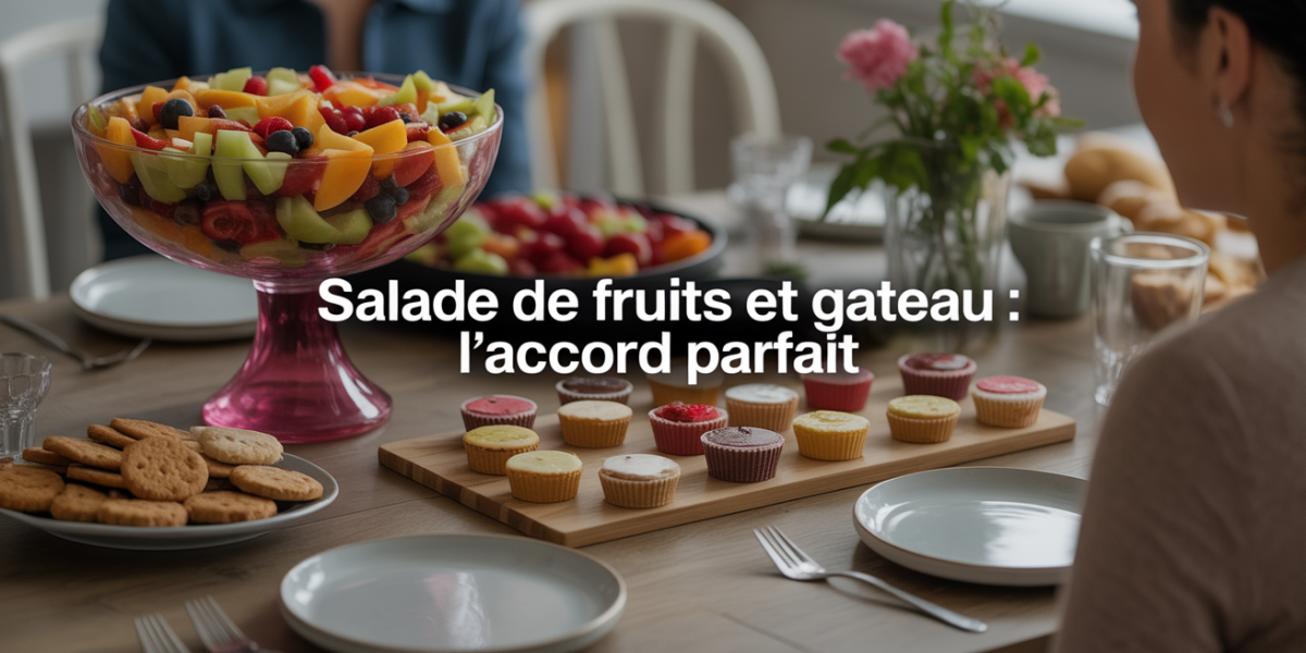 Table conviviale avec salade de fruits et gateaux moelleux