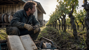 Salaire viticulteur : viticulteur observant des rangs de vigne