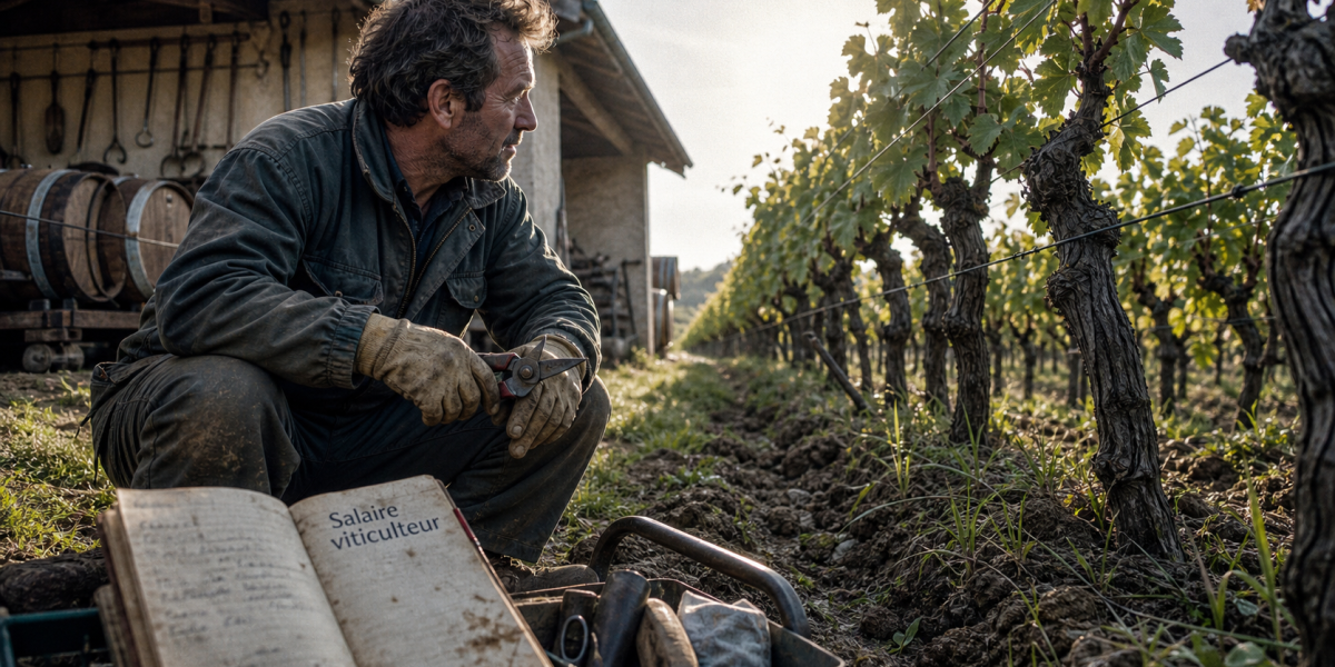 Salaire viticulteur : viticulteur observant des rangs de vigne