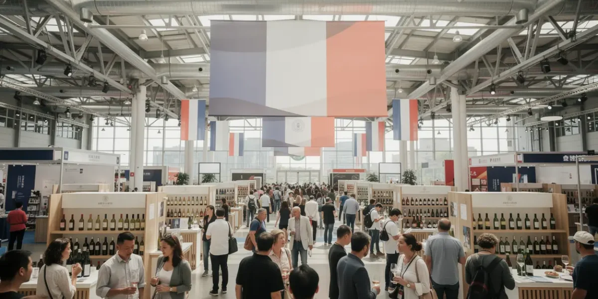 Salon viticole moderne Chine 2026 foule drapeaux français