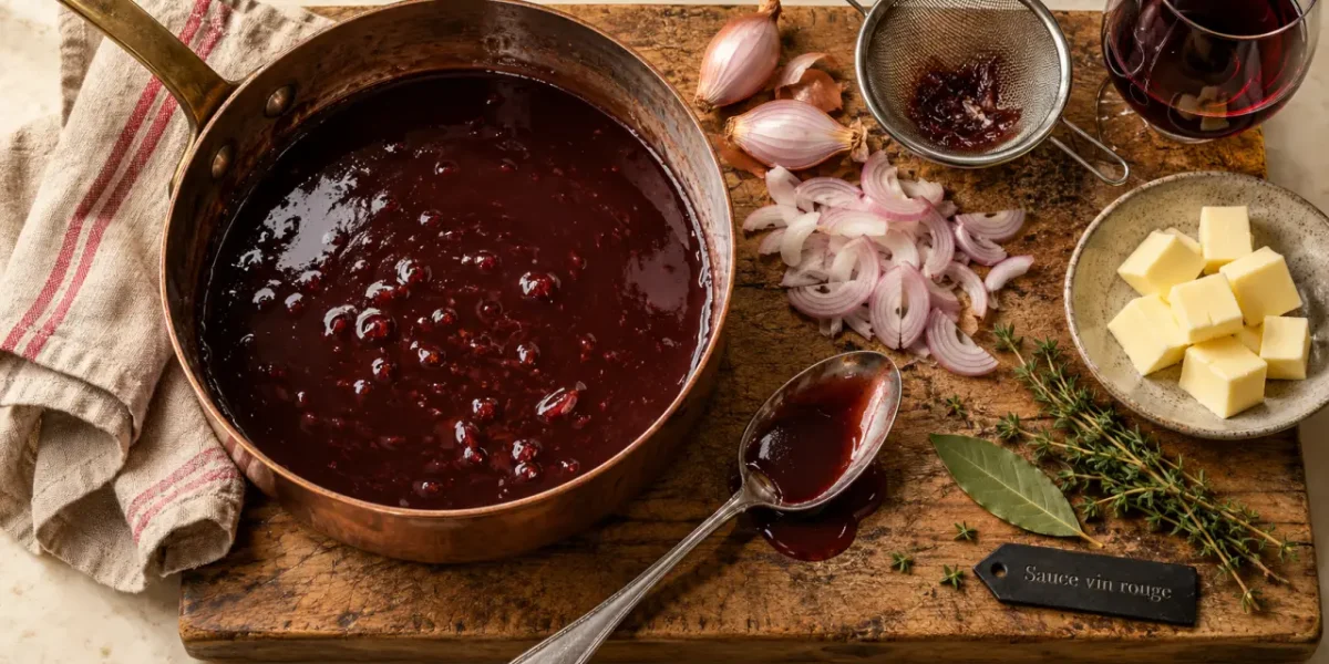 Sauce au vin rouge brillante nappant la cuillère, vin réduit et beurre