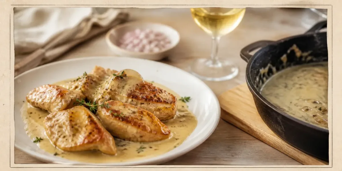 Sot l y laisse de dinde au vin blanc, nappés de sauce crémeuse, assiette et poêle en fonte