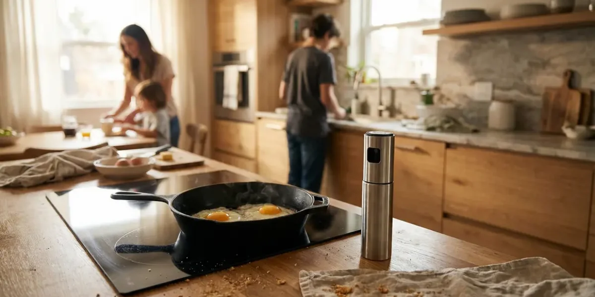 spray de cuisson posé près d'une poêle avec œufs en cuisson