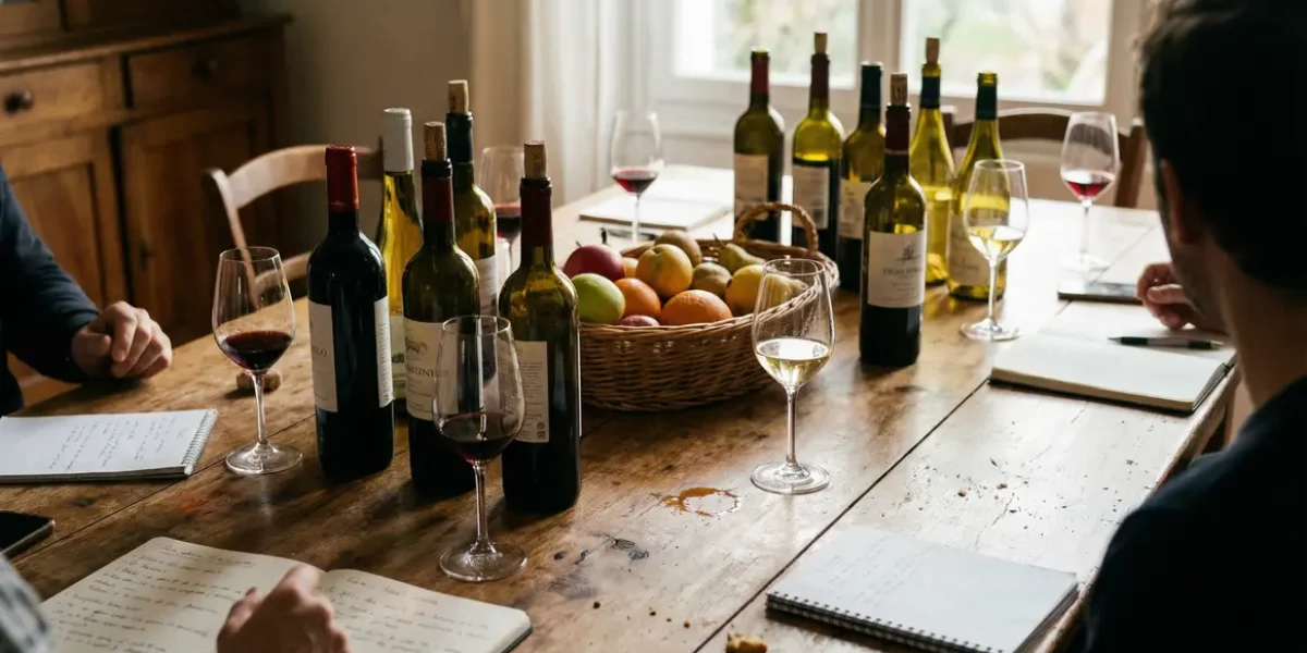 bouteilles vin rouge blanc verres notes corbeille fruits ambiance chaleureuse