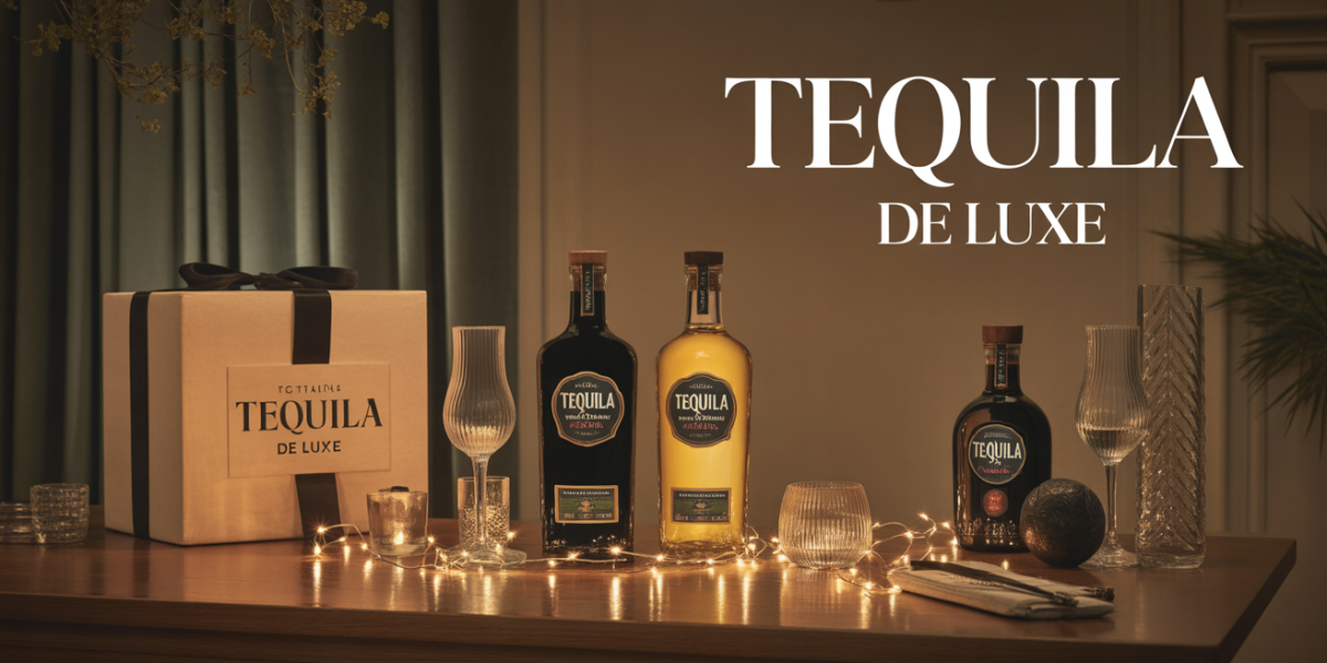 Bouteilles de tequila de luxe sur table avec coffret cadeau