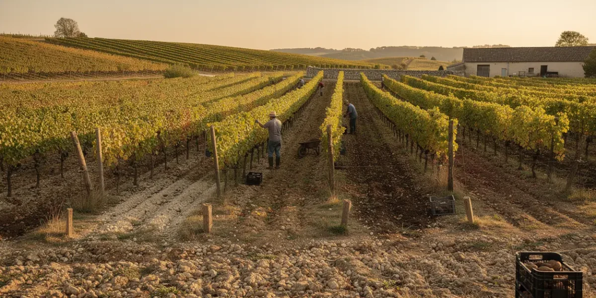Vignoble français avec vignerons lumière dorée Bordeaux Bourgogne